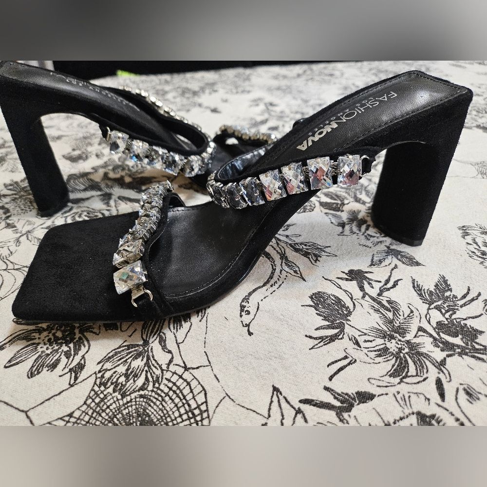 Fashion Nova Black Faux Suede and White Bling By Far Heeled Mule